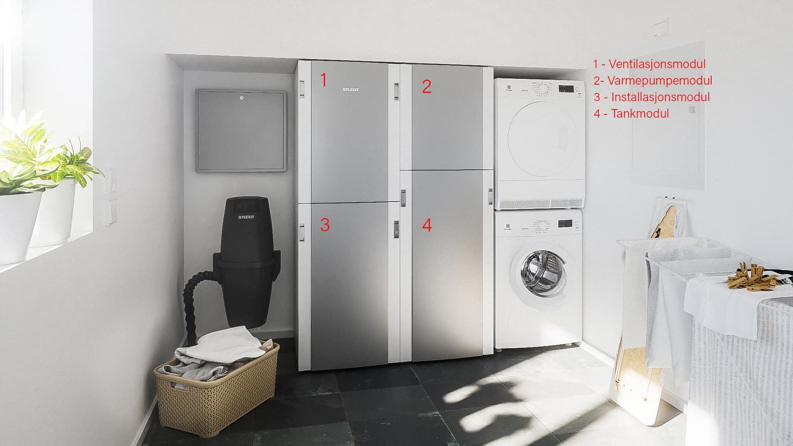 Flexit sitt bidrag til Kraftpakken, er deres inneklimasentral EcoNordic WH4. Dette er en inneklimasentral med integrerte funksjoner for balansert ventilasjon, tappevann og varme til boligen. Den sikrer et sunt inneklima, rikelig med varmtvann og varme på en svært energieffektiv måte.