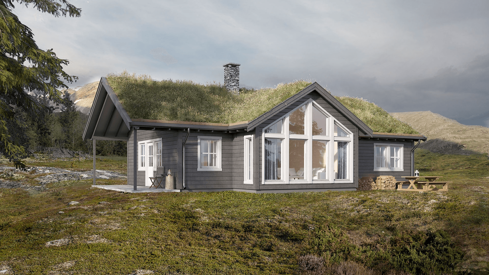 Blomsterenga er ei tradisjonell hytte som glir lett inn i terrenget